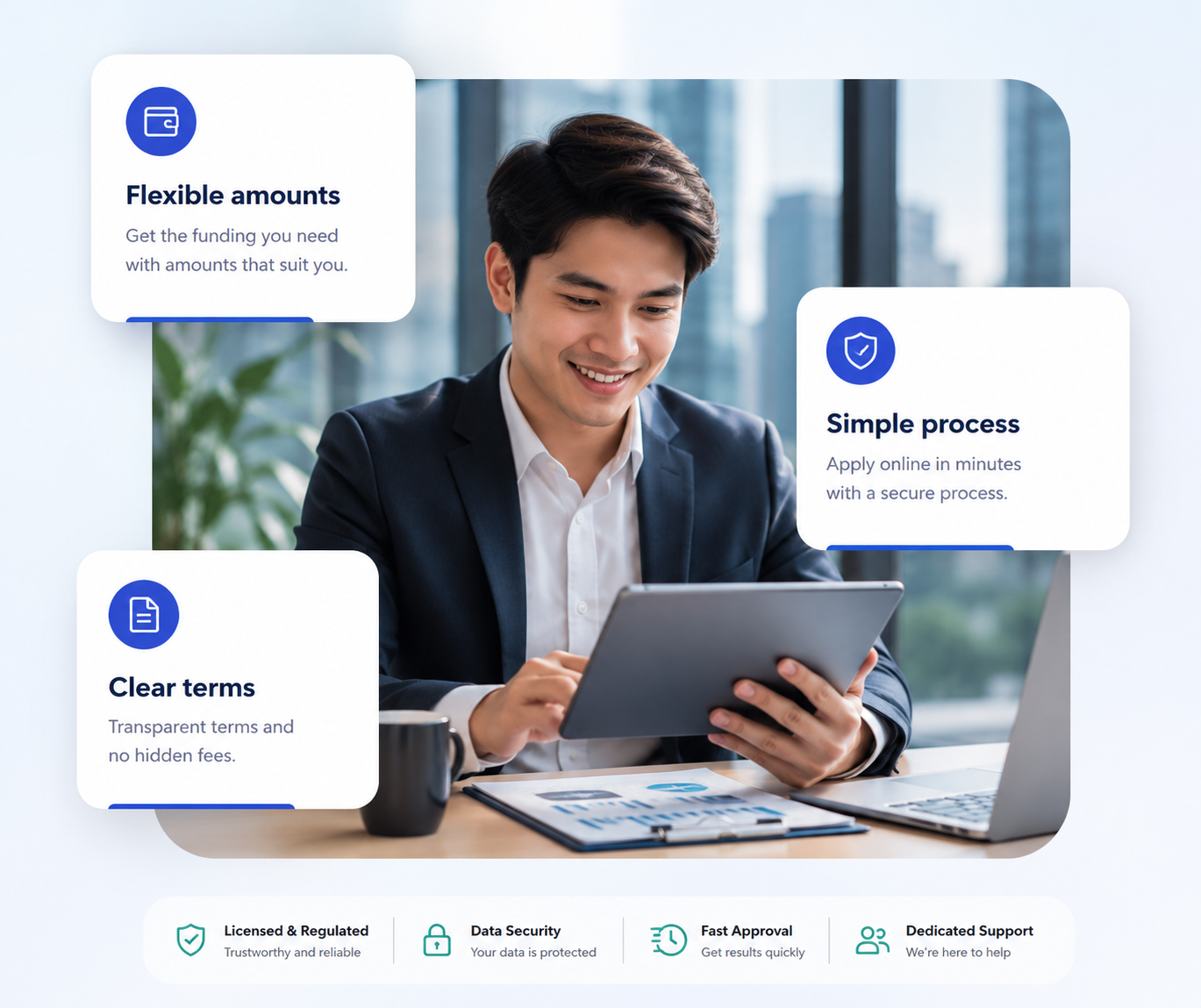 Professional financing consultant using a tablet in a modern office